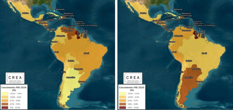 Mapa de crecimiento de PIB en Latinoamérica 2024 y 2025