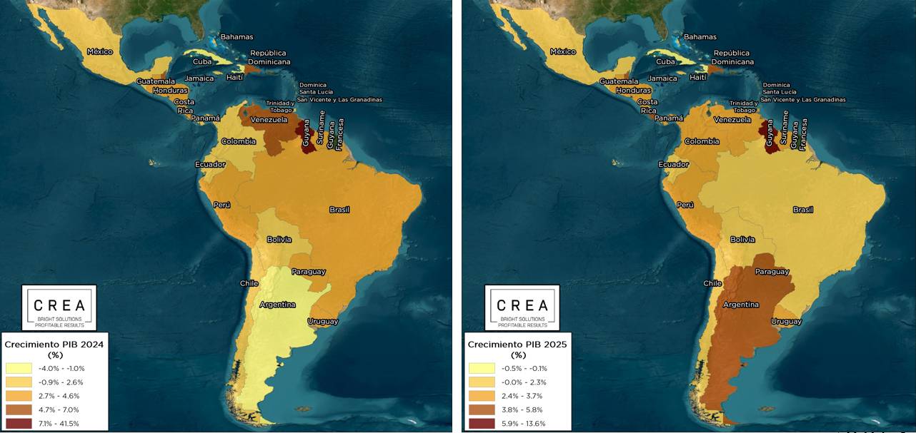 Mapa de crecimiento de PIB en Latinoamérica 2024 y 2025