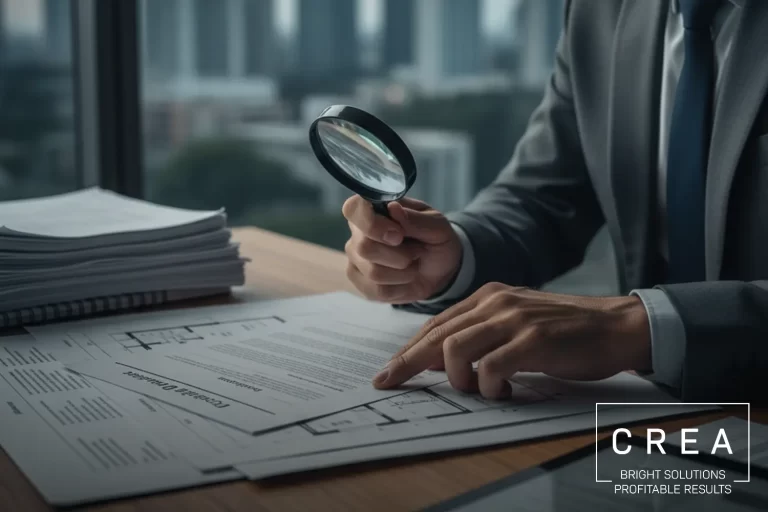 Inversionista revisando documentos legales y planos arquitectónicos como parte del proceso de due diligence inmobiliario, acompañado de gráficos de análisis de mercado.