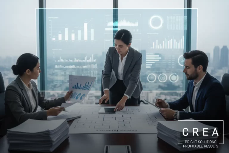 Equipo analizando gráficos, datos financieros y documentos técnicos como parte del estudio de factibilidad de un proyecto.